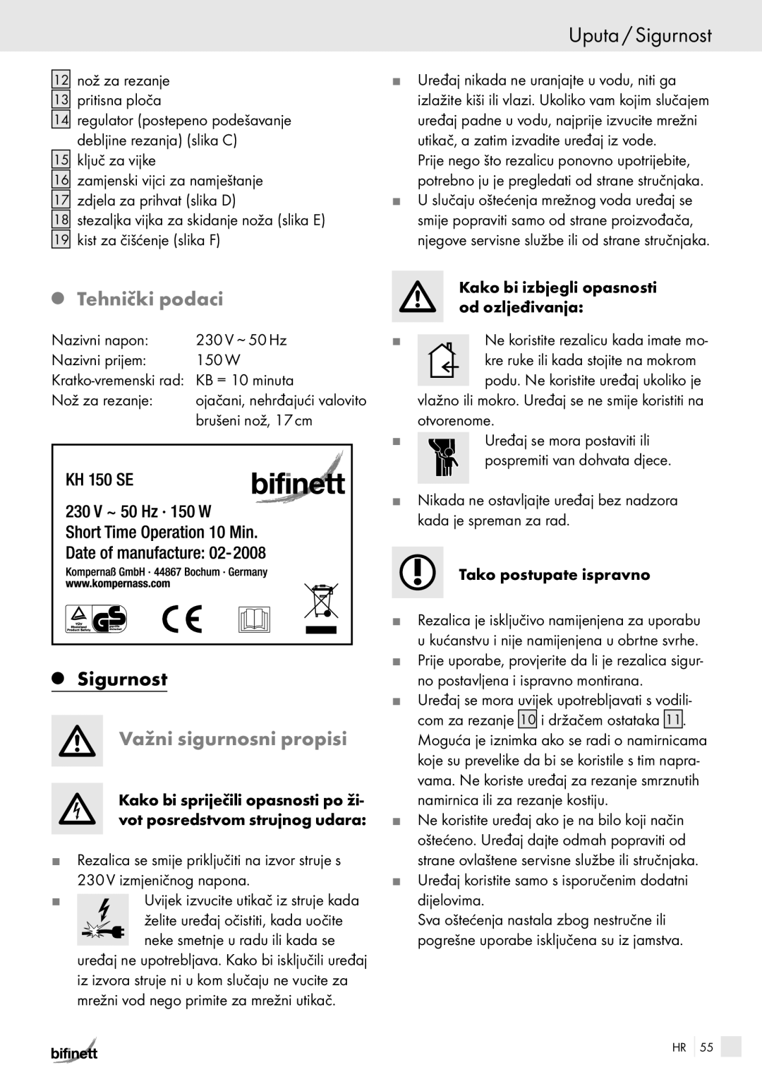 Bifinett KH 150 manual Uputa / Sigurnost, Tehnički podaci, Važni sigurnosni propisi 